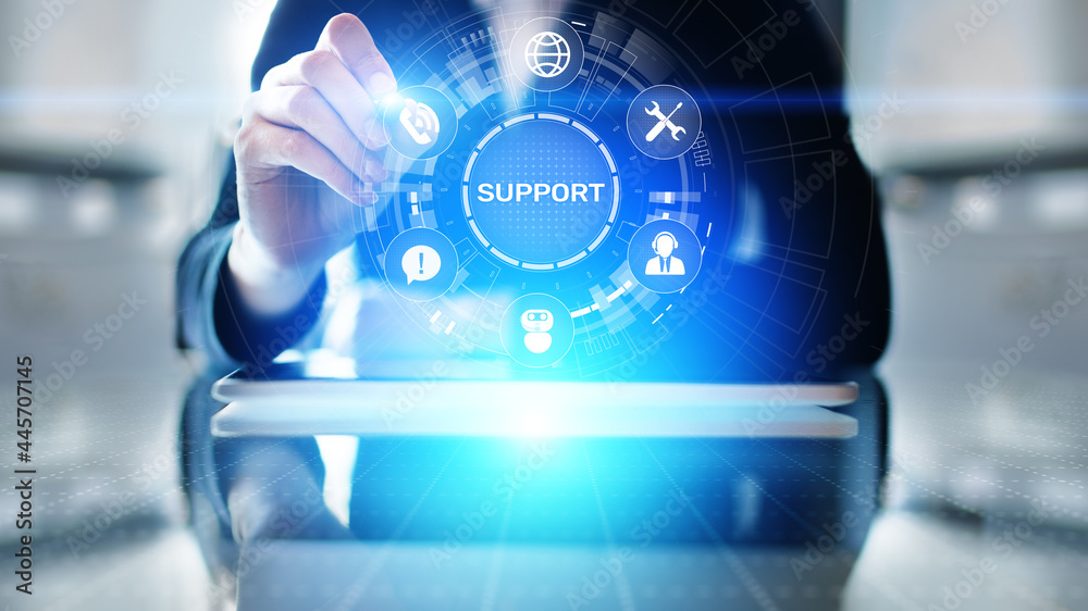 Poster Support button on virtual screen. Customer service and communication concept.