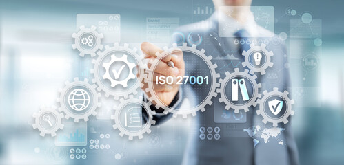 Iso 27001 Standard Standardisation Certification Customer guarantee and satisfaction Business concept on virtual screen.