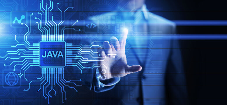 Java programming language application and web development concept on virtual screen.