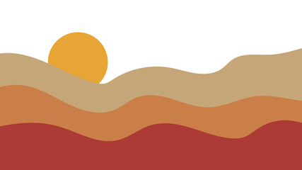 Mountain, river view. Hills, clouds, sun, moon. Retro style. Flat abstract design. Scandinavian style illustration. 