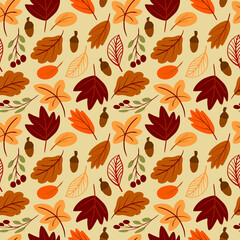 Seamless pattern with autumn leaves hand drawn in simple childish scandinavian style. Cute foliage vector illustration background. Fall sesonal backdrop design, Thanksgiving, autumn sale.