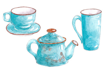 Hand drawn watercolor set of blue kitchen utensils. Cup, teapot