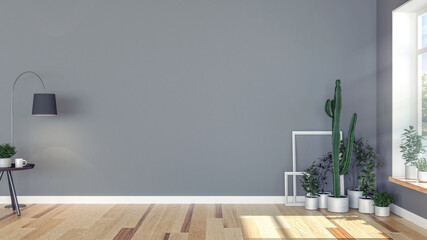 Interior of empty living room with decorative potted plants and floor lamp, 3d rendering