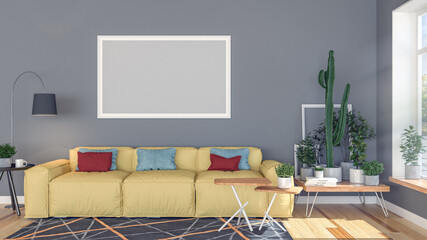 Interior of modern living room with blank empty photo frame on wall, 3d rendering