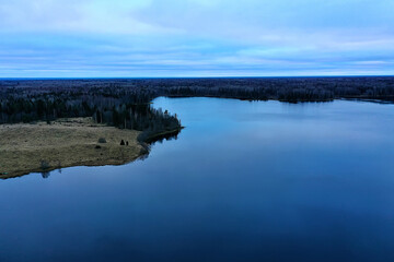 river autumn view from drone forest, landscape panorama aerial view