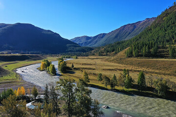Fototapeta na wymiar mountain altai river top view drone, landscape altai tourism top view