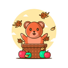 Cartoon Cute Autumn Bear with Apple Vector Illustrations. Autumn Day Icon Concept