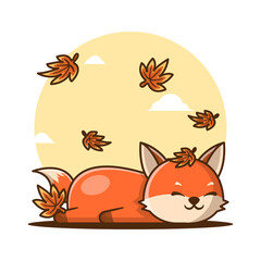 Cute Cartoon Fox Sleeping in Autumn Vector Illustrations. Autumn Day Icon Concept