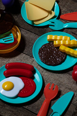 Photo flat lay children's toy plastic food