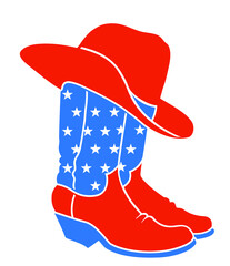 Cowboy boots and western hat. Vector red blue colors illustration of rodeo cowboy clothes with American flag decor isolated on white for design - 445711942