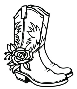 Cowboy boots with American traditional ornate and flowers decoration. Outline vector illustration isolated on white for print