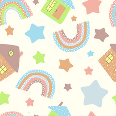 seamless pattern of colored houses with a pipe, rainbows in a dot and..  multicolored stars in doodle style on a light background