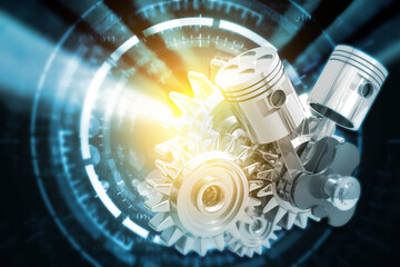 Engine pistons on technology background. 3d illustration