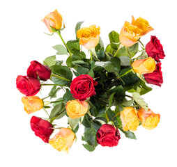 top view of bunch of red and yellow roses isolated