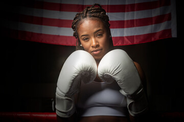 portrait of young black girl athlete with boxing gloves.