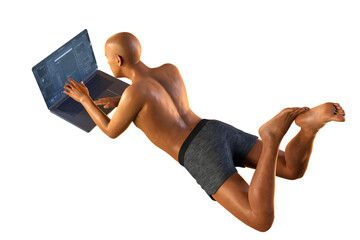 Working with laptop in a wrong position. Concept of backache, back pain