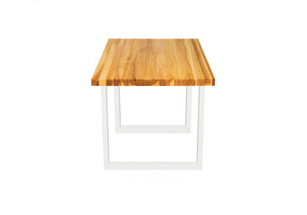 wooden table with white metal legs on white background 
