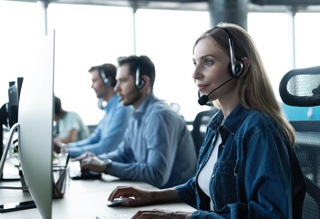 How can I help you? Beautiful call center workers in headphones are working at modern office - obrazy, fototapety, plakaty