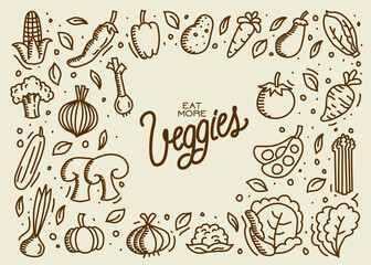 Pack of illustrations vectors vegetables, veggies, eat more veggies, monochrome