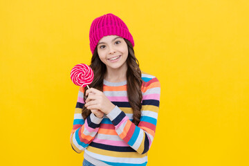 lollipop lady. hipster kid with colorful lollypop sugar candy on stick. caramel candy shop.