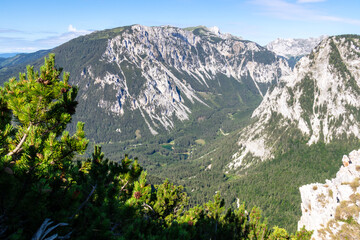 Fototapeta premium A panoramic view on the Alpine mountain chains in Austria. The slopes are partially overgrown with small bushes, higher parts baren. Dense forest on the bottom. Clear and sunny day. Serenity