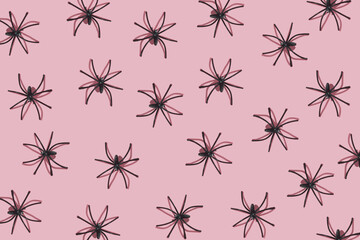 Halloween pattern made of black spiders on pink background. Minimal Halloween concept.