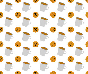 Pattern with cups and cookies on a light background