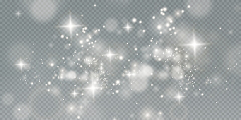 Christmas background of shining dust Christmas glowing bokeh confetti and spark overlay texture for your design. White png dust light. Christmas effect for luxury greeting rich card. 