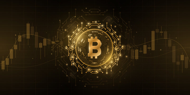 Bitcoin cryptocurrency with candlestick price pattern background. Digital coin BTC for banner, website or presentation. Futuristic business concept. Blockchain for graphic design. Vector