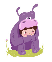 Cheerful kids character in hippopotamus masquerade costume for school pajama party, birthday. Vector hand drawn cartoon flat style illustration.