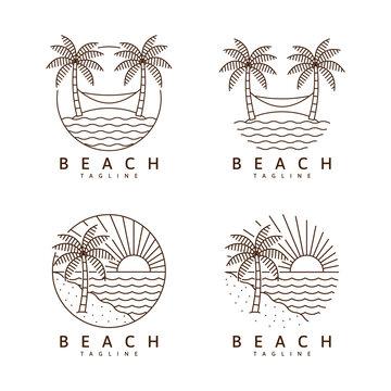Set of beach illustration monoline or line art style vector design template