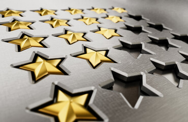 Rating stars table with 5,4,3,2,1 stars. 3D illustration