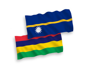 Flags of Republic of Nauru and Republic of Mauritius on a white background