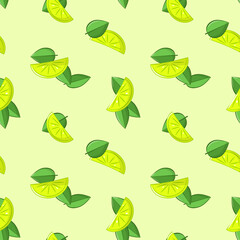 Seamless vector pattern with limes or lemons and green leaves of mint. 