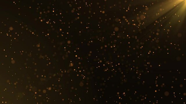 snowfalling, beautiful Gold Floating Dust Particles with Flare on Black Background