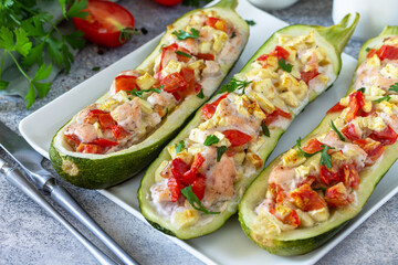 Healthy diet food. Baked zucchini stuffed with turkey meat and vegetables on a light stone table top.