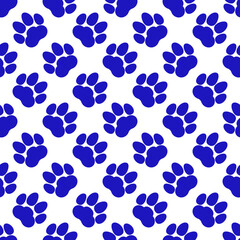Fototapeta na wymiar Blue paw print seamless repeating background pattern. Cat or dog footprints. Vector illustration. 