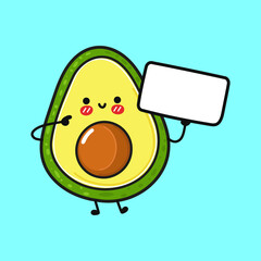 Cute funny avocado with poster. Vector hand drawn cartoon kawaii character illustration icon. Isolated on blue background. Avocado think concept
