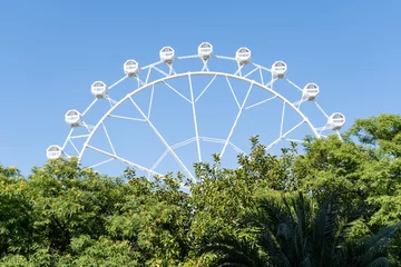 Deurstickers View of half a Ferris wheel that looks over some trees in the foreground with blue sky © Gustavo Muñoz