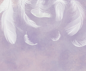 Feathers on a lilac background. Wallpaper for the room. Airy painted feathers.