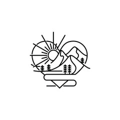 love heart with mountain sunrise landscape outdoor adventure nature hiking logo design vector illustration