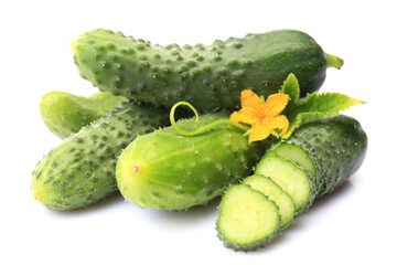 Fresh cucumbers on a white background