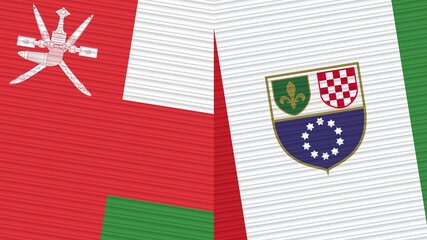 Fototapeta na wymiar Bosnia and Herzegovina Federation and Oman Two Half Flags Together Fabric Texture Illustration