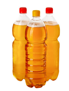 Beer on tap. These are three plastic bottles of natural draught beer in isolation on a white background. Assortment of alcoholic beverages. Layout for a beer store.