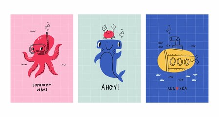 Cute cartoon octopus fish, bathyscaphe, crab, ship, star, hammerhead shark, sea horse,   sea life - vector illustration for kids.  © NadezdaBarkova