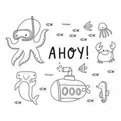 Cute cartoon octopus fish, bathyscaphe, crab, ship, star, hammerhead shark, sea horse,   sea life - vector illustration for kids.  © NadezdaBarkova
