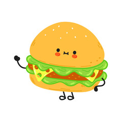 Cute funny hamburger character. Vector hand drawn cartoon kawaii character illustration icon. Isolated on white background. Hamburger character concept