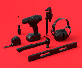 Isometric view of monochrome construction tools for repair on red and black