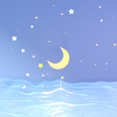 Plakat Cartoon midnight sea and stars. 3d rendered picture.