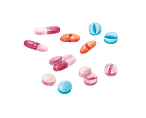 Medical pill or tablets isolated on a white background. Tablets or pillsin jar. Pink pills in a blue jar. The illustration is drawn in watercolor by hand.